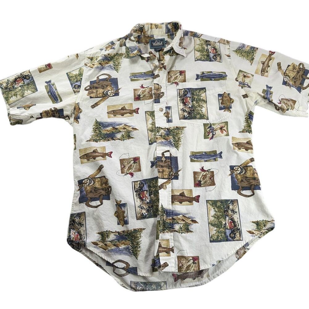 Woolrich Shirt Mens Medium Button Up Short Sleeve Fly Fishing Grandpa Dad READ